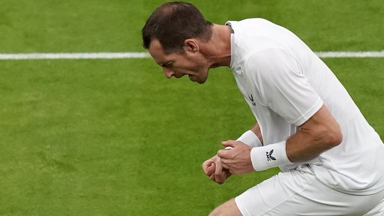 Andy Murray celebrates victory in his match against James Duckworth during day one of the 2022 Wimbledon Championships at the All England Lawn Tennis and Croquet Club, Wimbledon. Picture date: Monday June 27, 2022.