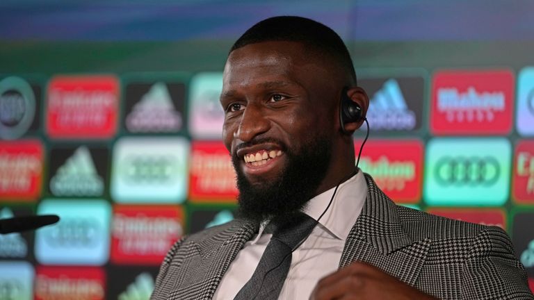Real Madrid&#39;s new signing Antonio Rudiger smiles before the start of a press conference at the club&#39;s training ground in Madrid, Spain, Monday, June 20, 2022.