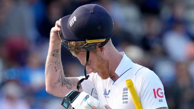 England's Ben Stokes leaves the pitch after he is caught off the bowling of New Zealand's Tim Southee during the first day of the test match between England and New Zealand at Lord's cricket ground in London, Thursday, June 2, 2022. (AP Photo/Kirsty Wigglesworth)