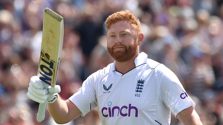 England's Jonny Bairstow salutes fans as he walks off the field after losing his wicket during the third day of the third cricket test match between England and New Zealand at Headingley in Leeds, England, Saturday, June 25, 2022.. (AP Photo/Rui Vieira)