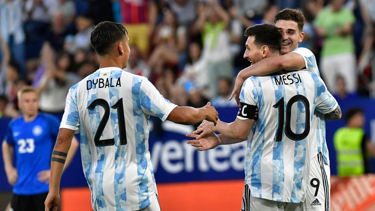 Argentina's Lionel Messi celebrates his team's fourth