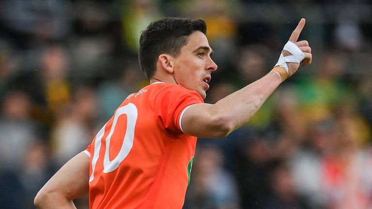 12 June 2022; Rory Grugan of Armagh celebrates after scoring his side's first goal during the GAA Football All-Ireland Senior Championship Round 2 match between between Donegal and Armagh at St Tiernach's Park in Clones, Monaghan. Photo by Seb Daly/Sportsfile