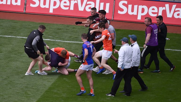 26 June 2022; Players and officials from both sides become embroiled as they make their way to the dressing rooms after full time ended in a draw at the GAA Football All-Ireland Senior Championship Quarter-Final match between Armagh and Galway at Croke Park, Dublin. Photo by Daire Brennan/Sportsfile