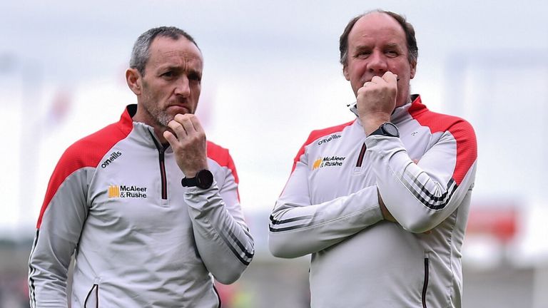 5 June 2022; Tyrone joint-managers Brian Dooher, left, and Feargal Logan before the GAA Football All-Ireland Senior Championship Round 1 match between Armagh and Tyrone at Athletic Grounds in Armagh. Photo by Ben McShane/Sportsfile