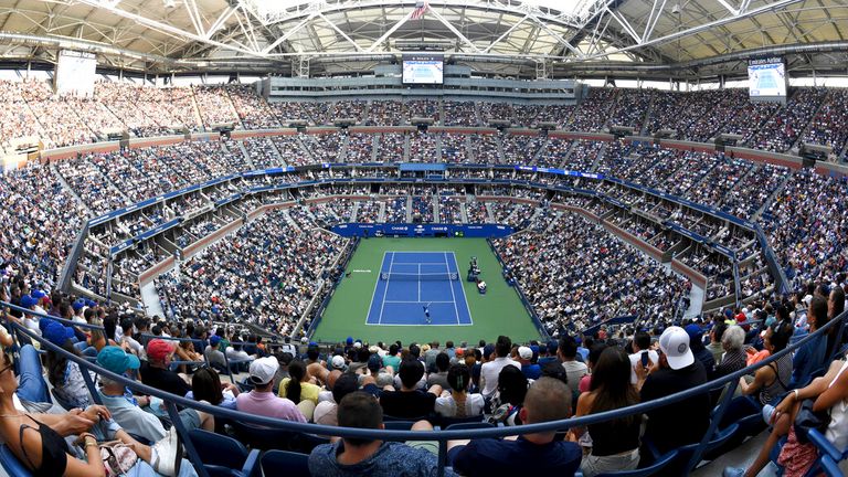 An overall view of Arthur Ashe Stadium during a Men's Singles championship match at the 2021 US Open, Sunday, Sep. 12, 2021 in Flushing, NY. (Rhea Nall/USTA via AP)