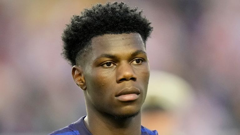 France's Aurelien Tchouameni lines up ahead of the UEFA Nations League soccer match between Croatia and France in Split, Croatia, Monday, June 6, 2022. (AP Photo/Darko Bandic)