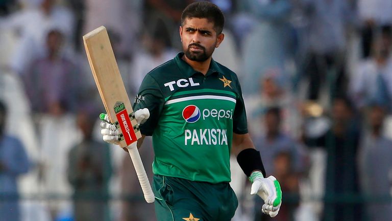 Pakistan&#39;s Babar Azam celebrates after scoring fifty during the second one-day international cricket match between Pakistan and West Indies at the Multan Cricket Stadium, in Multan, Pakistan, Friday, June 10, 2022. (AP Photo/Anjum Naveed)