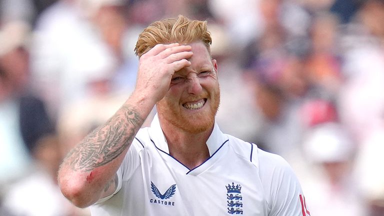 England's Ben Stokes reacts after bowling during the second day of the test match between England and New Zealand at Lord's cricket ground in London, Friday, June 3, 2022. (AP Photo/Kirsty Wigglesworth)