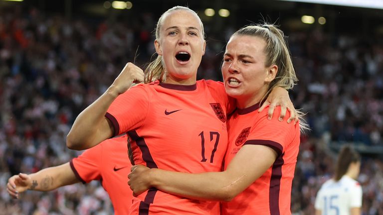 Beth Mead celebrates with her England teammate Lauren Hemp after scoring against the Netherlands