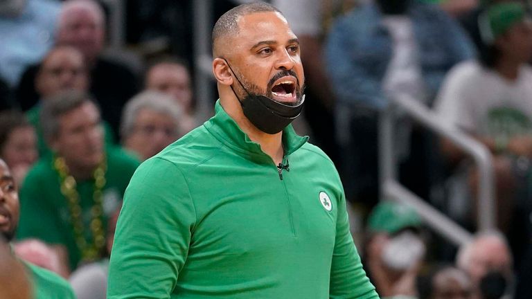 Boston Celtics head coach Ime Udoka reacts on the sideline during Game 3