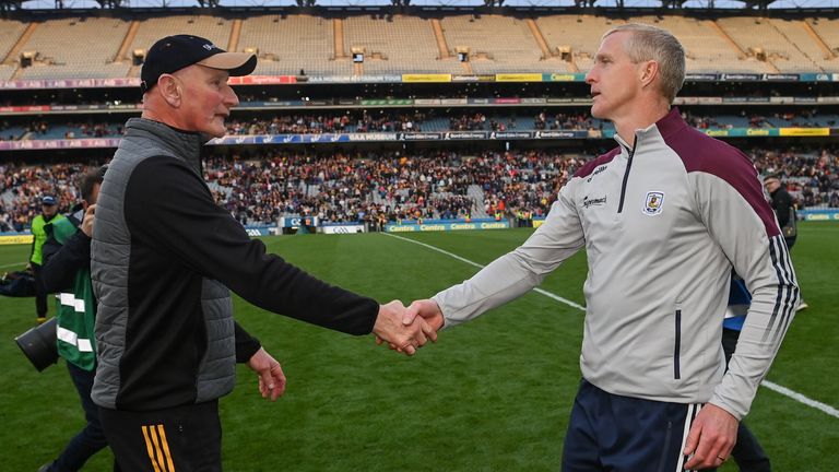 4 June 2022; Kilkenny manager Brian Cody, left, and Galway manager Henry Shefflin shake hands after the Leinster GAA Hurling Senior Championship Final match between Galway and Kilkenny at Croke Park in Dublin. Photo by Ramsey Cardy/Sportsfile