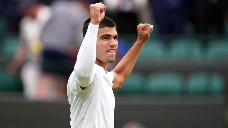 Carlos Alcaraz celebrates victory over Jan-Lennard Struff on day one of the 2022 Wimbledon Championships at the All England Lawn Tennis and Croquet Club, Wimbledon. Picture date: Monday June 27, 2022.