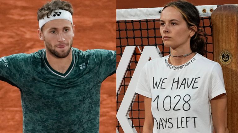 Casper Ruud and climate-change protester at French Open