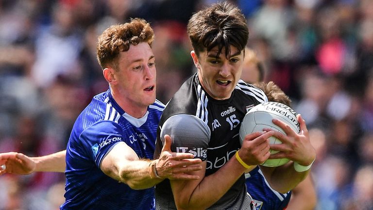 19 June 2022; Patrick O'Connor of Sligo in action against Ciar..n Brady of Cavan during the Tailteann Cup Semi-Final match between Sligo and Cavan at Croke Park in Dublin. Photo by Ray McManus/Sportsfile