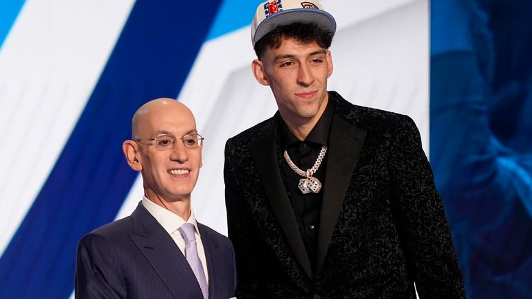 Chet Holmgren, right, poses for photos with NBA Commissioner Adam Silver after being selected second overall by the Oklahoma City Thunder