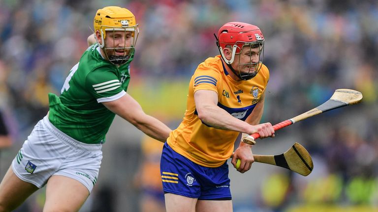 5 June 2022; Paul Flanagan of Clare in action against S..amus Flanagan of Limerick during the Munster GAA Hurling Senior Championship Final match between Limerick and Clare at Semple Stadium in Thurles, Tipperary. Photo by Ray McManus/Sportsfile