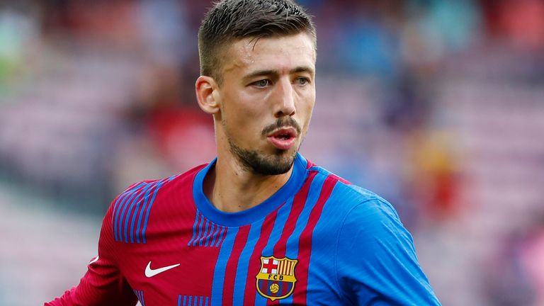 Barcelona's Clement Lenglet watches the play during the Spanish La Liga soccer match between Barcelona and Getafe, at the Camp Nou stadium in Barcelona, Spain, Sunday, Aug. 29, 2021. (AP Photo/Joan Monfort)