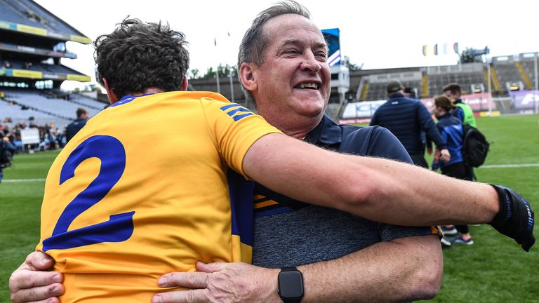 11 June 2022; Clare manager Colm Collins celebrates with Manus Doherty after their side's victory in the GAA Football All-Ireland Senior Championship Round 2 match between Clare and Roscommon at Croke Park in Dublin. Photo by Piaras .. M..dheach/Sportsfile