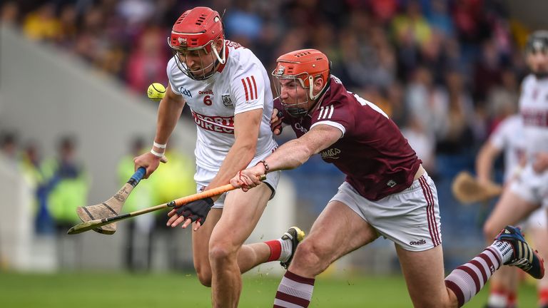 18 June 2022; Ciaran Joyce of Cork in action against Conor Whelan of Galway during the GAA Hurling All-Ireland Senior Championship Quarter-Final match between Galway and Cork at the FBD Semple Stadium in Thurles, Tipperary. Photo by Daire Brennan/Sportsfile