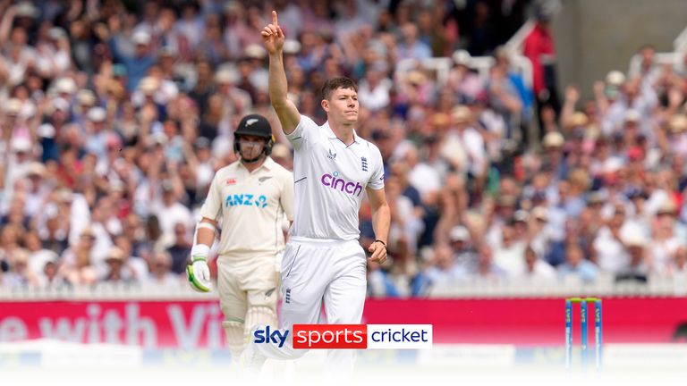 Matt Potts celebrates taking the wicket of New Zealand captain Kane Williamson.