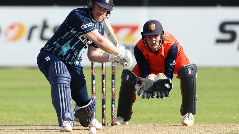 Eoin Morgan of England gets caught out off the bowling of Tom Cooper during the 2nd One Day International between Netherlands and England