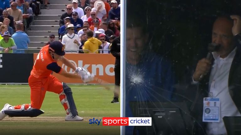 Mark Butcher and Niall O&#39;Brien were ducking for cover as Netherlands batter Bas de Leede hit a six off Adil Rashid into the commentary box window!