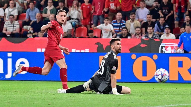 Czech Republic's Jan Kuchta scores against Spain