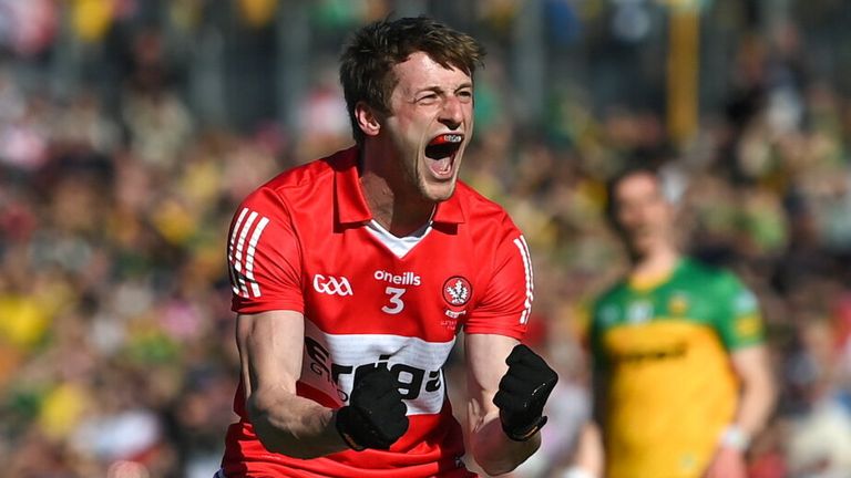29 May 2022; Brendan Rogers of Derry celebrates scoring a point in extra-time of the Ulster GAA Football Senior Championship Final between Derry and Donegal at St Tiernach's Park in Clones, Monaghan. Photo by Stephen McCarthy/Sportsfile