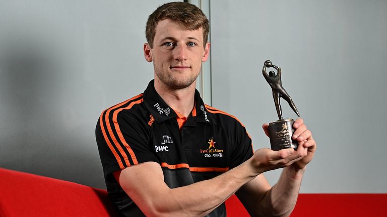 13 June 2022; PwC GAA/GPA Player of the Month for May in football, Brendan Rogers of Derry, with his award at PwC HQ in Dublin. Photo by Sam Barnes/Sportsfile 