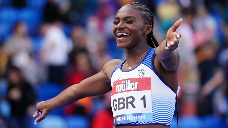 Great Britain's Dina Asher-Smith celebrates winning the Women's 4x100m Relay during the Muller Birmingham Diamond League meeting at the Alexander Stadium, Birmingham. Picture date: Saturday May 21, 2022.