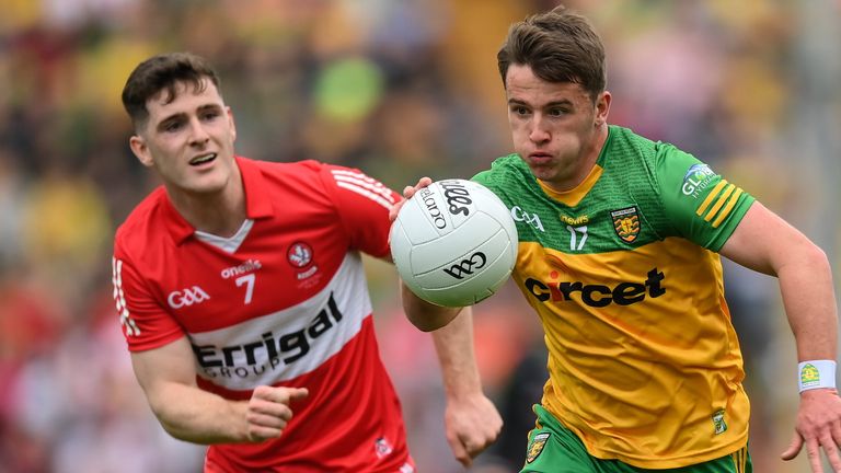 29 May 2022; Peadar Mogan of Donegal in action against Padraig McGrogan of Derry during the Ulster GAA Football Senior Championship Final between Derry and Donegal at St Tiernach's Park in Clones, Monaghan. Photo by Stephen McCarthy/Sportsfile