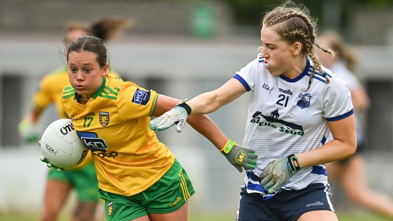 11 June 2022; Shauna McFadden of Donegal in action against Annie Fitzgerald of Waterford during the TG4 All-Ireland Ladies Football Senior Championship Group D - Round 1 match between Donegal and Waterford at St Brendan's Park in Birr, Offaly. Photo by Sam Barnes/Sportsfile 