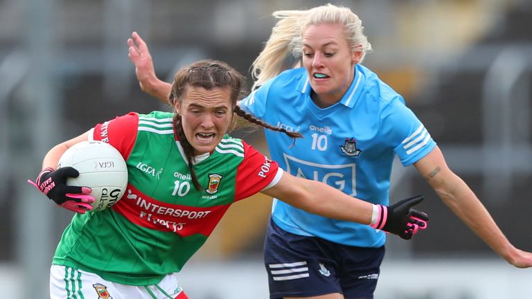 25 June 2022; Tamara O'Connor of Mayo in action against Nicole Owens of Dublin during the TG4 All-Ireland SFC Group A Round 3 match between Dublin and Mayo at MW Hire O...Moore Park in Portlaoise, Co Laois. Photo by Michael P Ryan/Sportsfile 
