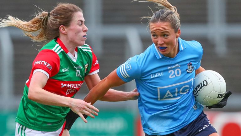 25 June 2022; Kate McDaid of Dublin.. in action against Sarah Mulvihill of Mayo during the TG4 All-Ireland SFC Group A Round 3 match between Dublin and Mayo at MW Hire O...Moore Park in Portlaoise, Co Laois. Photo by Michael P Ryan/Sportsfile 