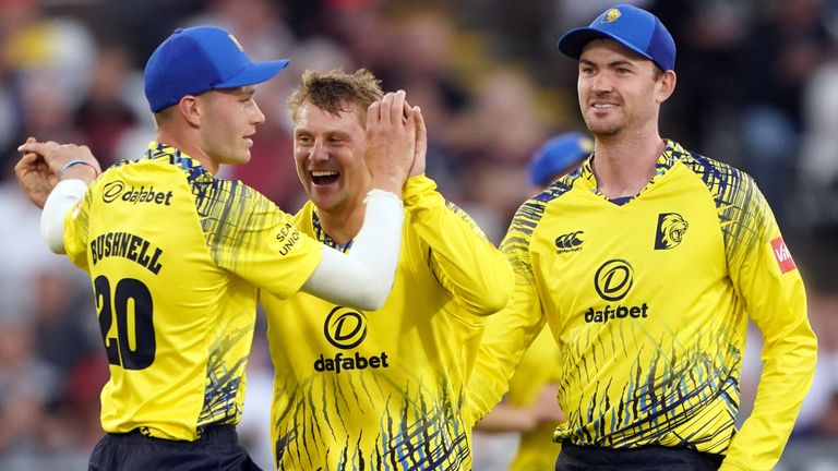 Durham celebrate the wicket of Yorkshire's Harry Brook during their Vitality Blast T20 match