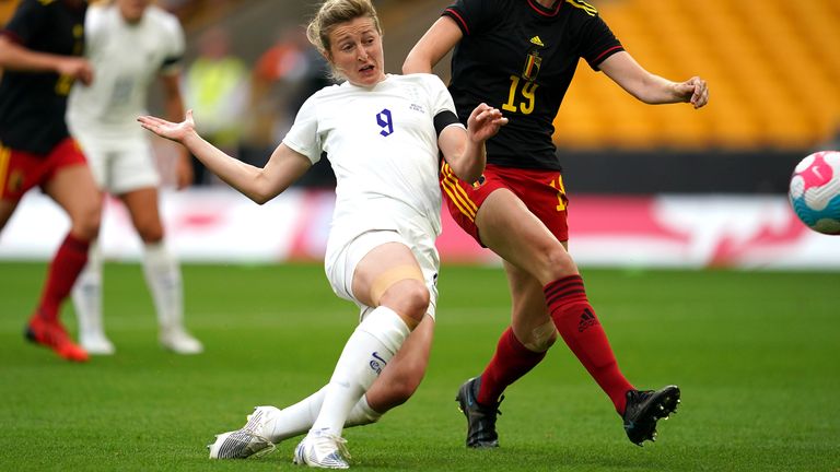 England's Ellen White (centre) attempts a shot on goal during the women's international friendly match against Belgium at Molineux