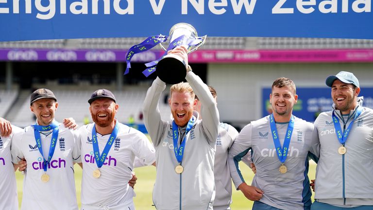 England captain Ben Stokes lifts the trophy after day five of the third LV= Insurance Test Series Match at Emerald Headingley Stadium, Leeds.
