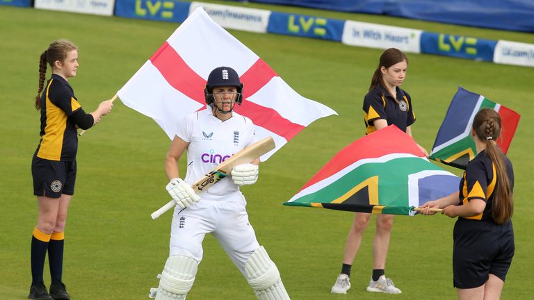 Natalie Sciver walks out to bat during day three of the Women&#39;s test match at The Cooper Associates County Ground, Taunton.