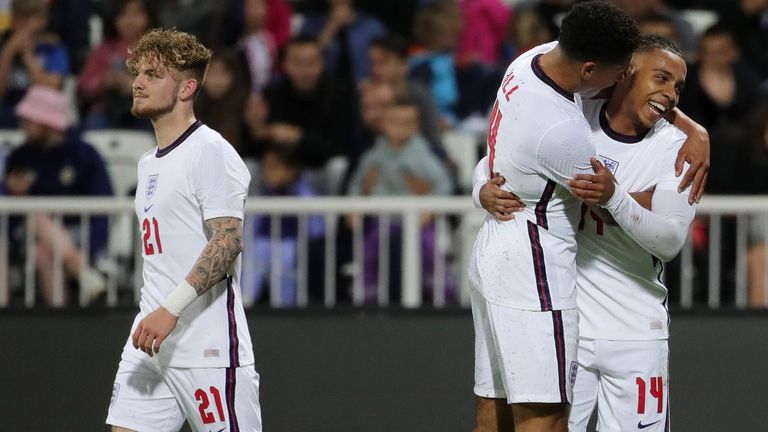 Cameron Archer of England celebrates with James Hill after scoring their side's third goal during the UEFA European Under-21 Championship Qualifier between Kosovo U21 and England MU21 at Stadium Fadil Vokrri on June 1