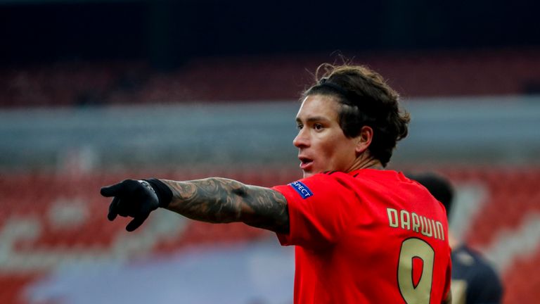 Benwin's Darwin Nunez gestures during the Europa League Group D football match between Standard Liege and Benfica