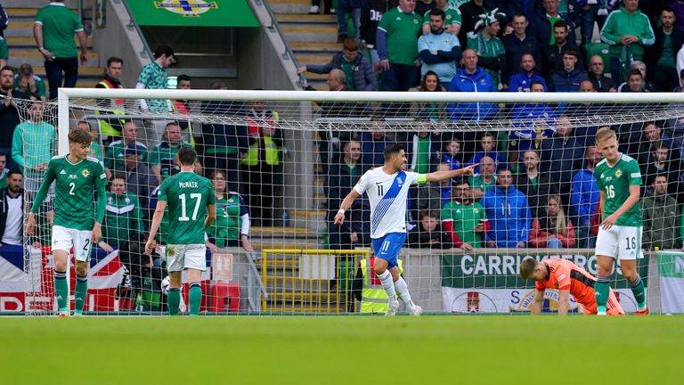 Greece's Anastasios Bakasetas (centre) celebrates scoring their side's first goal of the game during the UEFA Nations League match at Windsor Park, Belfast. Picture date: Thursday June 2, 2022.