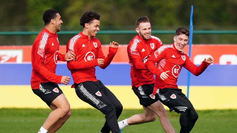 Left to right, Wales&#39; Ben Cabango, Brennan Johnson, Rhys Norrington-Davies and Harry Wilson during a training session at The Vale Resort, Hensol.