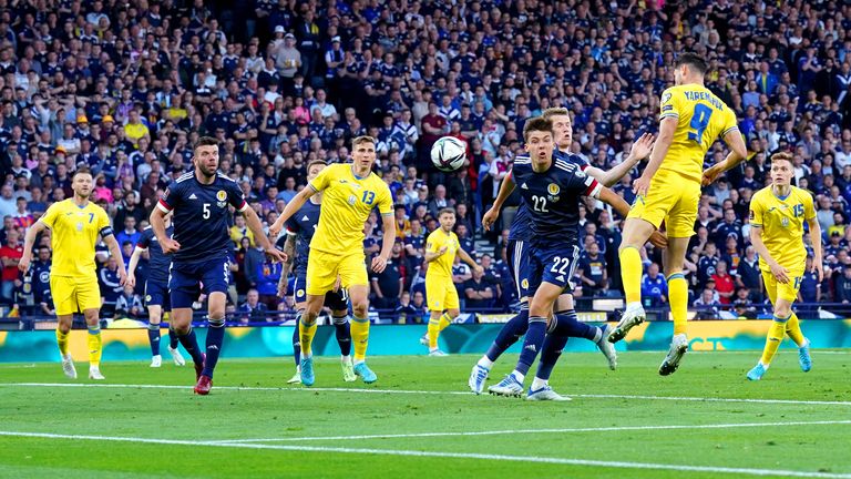 Ukraine&#39;s Roman Yaremchuk scores their side&#39;s second goal of the game during the FIFA World Cup 2022 Qualifier play-off semi-final match at Hampden Park, Glasgow.