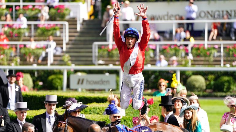 Frankie Dettori performs his famous flying dismount from Coronation Stakes winner Inspiral