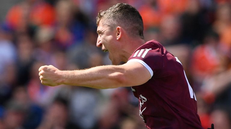 26 June 2022; Johnny Heaney of Galway celebrates his 40th minute goal during the GAA Football All-Ireland Senior Championship Quarter-Final match between Armagh and Galway at Croke Park, Dublin. Photo by Ray McManus/Sportsfile