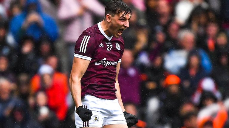 26 June 2022; Matthew Tierney of Galway celebrates scoring the last penalty during the GAA Football All-Ireland Senior Championship Quarter-Final match between Armagh and Galway at Croke Park, Dublin. Photo by Ray McManus/Sportsfile