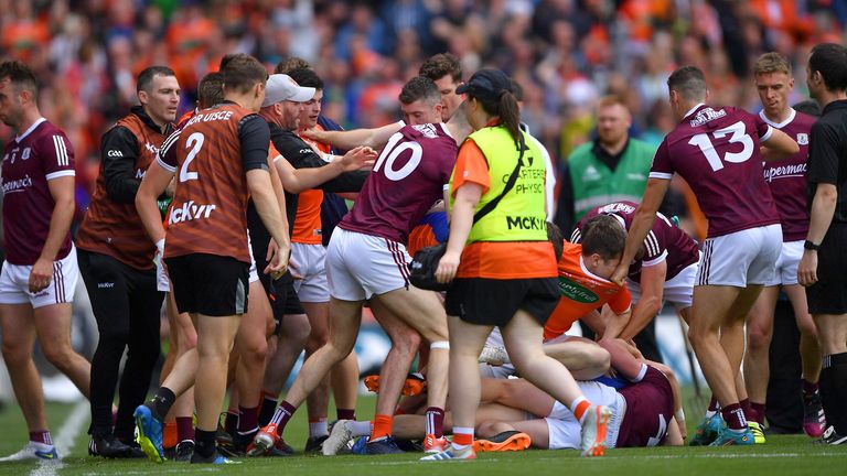 26 June 2022; Players and officials from both sides become embroiled as they make their way to the dressing rooms after full time ended in a draw at the GAA Football All-Ireland Senior Championship Quarter-Final match between Armagh and Galway at Croke Park, Dublin. Photo by Ray McManus/Sportsfile