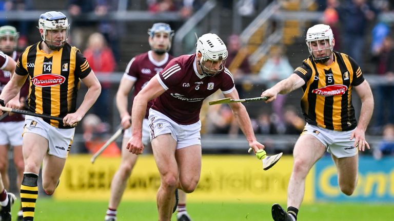 1 May 2022; Gearoid McInerney of Galway is dispossessed by Michael Carey of Kilkenny during the Leinster GAA Hurling Senior Championship Round 3 match between Galway and Kilkenny at Pearse Stadium in Galway. Photo by Brendan Moran/Sportsfile
