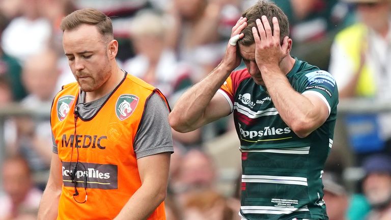 George Ford was forced off with an ankle injury in the first half of the Premiership final on his final appearance for Leicester