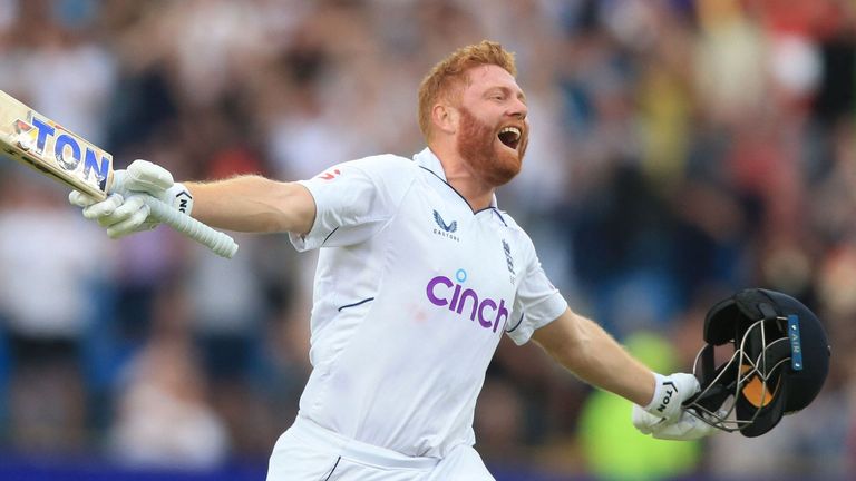 Jonny Bairstow celebrates his 10th Test century for England, in third Test vs New Zealand at Headingley (Getty)
